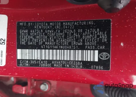 2022 Toyota Camry Se from USA, damaged, VIN 4T1G11AK1NU048751